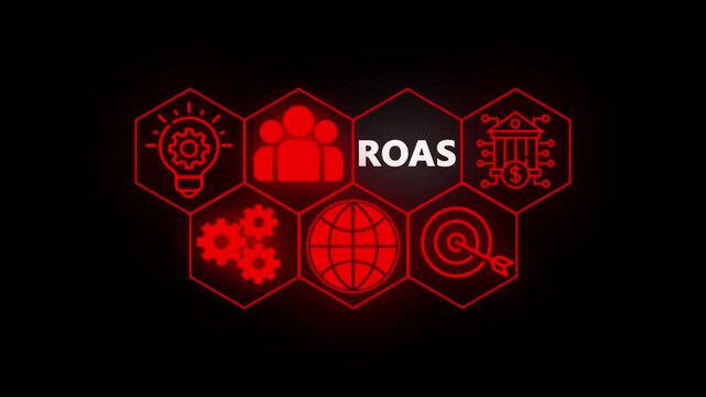 Digital marketing ROAS concept with glowing icons and connections . ROAS return on ad spend animation.