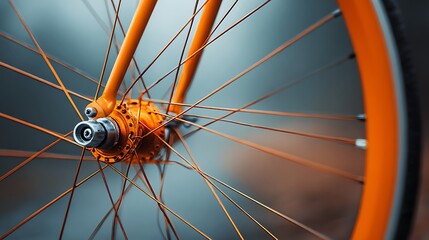 Close-up of a vibrant orange bicycle wheel, showcasing spokes, hub, and rim against soft background