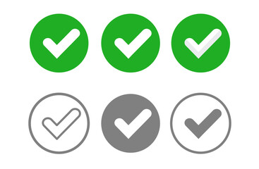 Check Mark Icons Set in Green and Gray, Approval and Confirmation Symbols. Vector illustration.