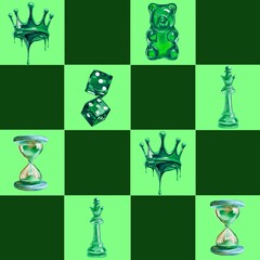 Seamless pattern for Valentine's Day in pink, Crown, dice, hourglass, jelly bag, chess queen on a green chessboard background