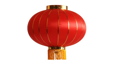 Obraz premium Red Chinese lantern with gold stripes and tassel isolated on a transparent background