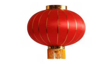 Red Chinese lantern with gold stripes and tassel isolated on a transparent background