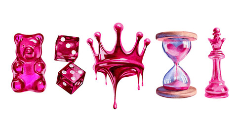 Crown, dice, sand timer, jelly bag, chess queen, pink illustrations for Valentine's Day