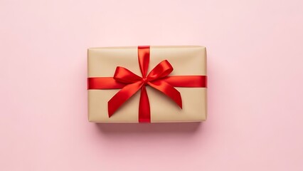Single Gift Box with Red Satin Ribbon and Bow Centered on a Soft Pastel Pink Background Valentines day