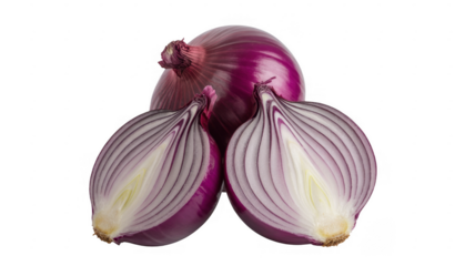 Red onion with two cut halves from another angle cut onion isolated on a transparent background