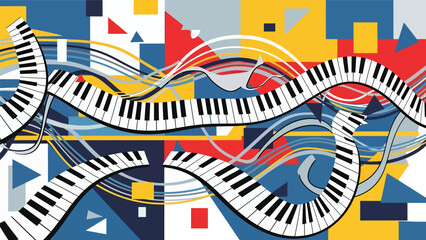 Urban music mural vector illustration combining abstract piano keys, flowing lines, and geometric street art patterns, flat design ideal for modern music posters and wallpapers © meeblues