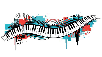 Urban music mural vector illustration combining abstract piano keys, flowing lines, and geometric street art patterns, flat design ideal for modern music posters and wallpapers © meeblues
