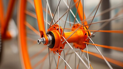 Close-up of orange bicycle wheel, showing spokes and central hub in detail