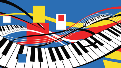 Urban music mural vector illustration combining abstract piano keys, flowing lines, and geometric street art patterns, flat design ideal for modern music posters and wallpapers © meeblues