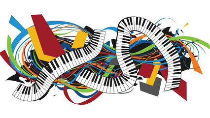 Urban music mural vector illustration combining abstract piano keys, flowing lines, and geometric street art patterns, flat design ideal for modern music posters and wallpapers © meeblues