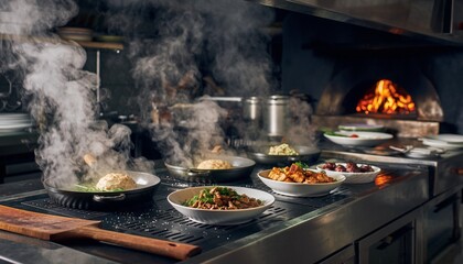 Busy Restaurant Kitchen With Food Cooking and Steam Rising.