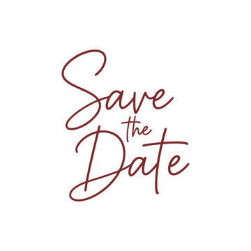 Save the Date written in cursive red font on white background text
