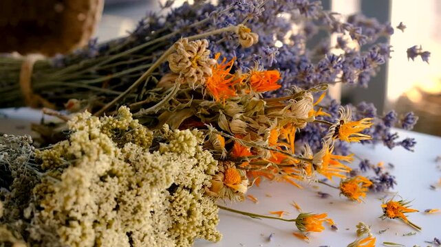 Dried medicinal herbs and flowers. Selective focus.
