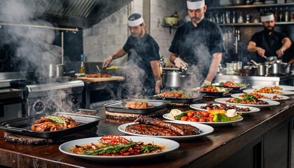 Chefs preparing delicious food in a busy restaurant kitchen.