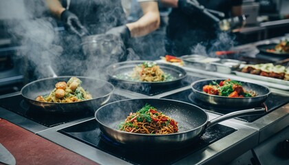 Chefs preparing delicious meals in a busy restaurant kitchen.