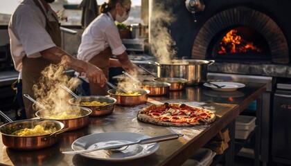 Chefs preparing food in a busy restaurant kitchen with a pizza oven.