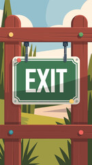 Obraz premium Green Exit Sign on a Wooden Fence in a Natural Setting, safety concept