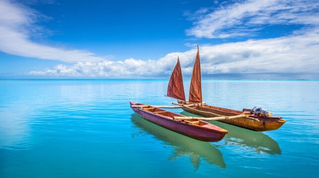 outrigger. Traditional canoe with wooden outrigger on calm blue ocean under tropical sun. mobility guides, transit brochures, designed for mobility and urban transit guides.
