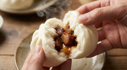 Steaming hot char siu bao held by hands, close-up view