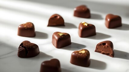 Assortment of Heart Shaped Chocolate Pralines with Gold Dust on a White Marble Surface Valentines day