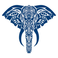 Decorative elephant head illustration in blue with intricate ornamental design