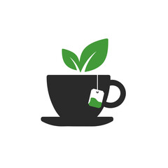 Green tea cup symbol with leaves vector illustration isolated design