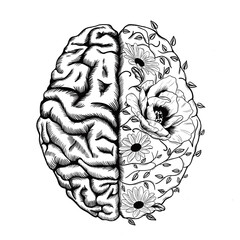 Half Brain Half Flower Black and White Line Art Illustration