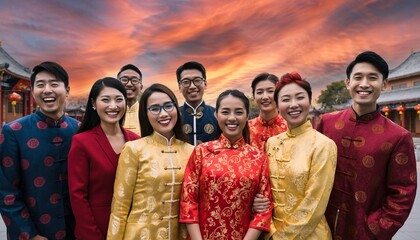 Diverse Group of Asian People Celebrating Together in Traditional Attire.