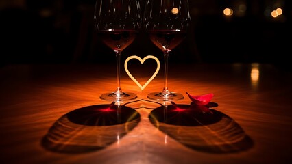 Two Glasses of Red Wine on a Table with a Heart Shaped Light Reflection in the Dark Valentines day