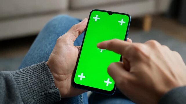 Person Using Smartphone with Green Screen for Mockup in Casual Setting