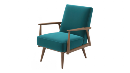 Teal armchair with wooden frame from side mid-century modern chair isolated on a transparent background