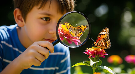 Young boy looking at beautiful butterflies on bright pink and orange flowers