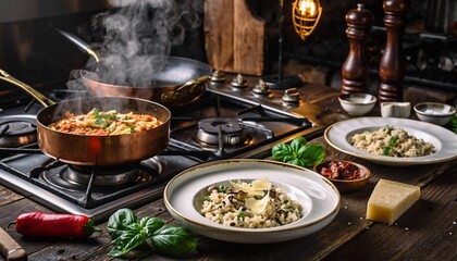 Gourmet Pasta Dish Being Prepared in a Rustic Kitchen Setting.
