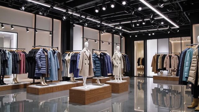 Modern clothing store with mannequins displaying winter coats and contemporary fashion apparel for luxury retail experience