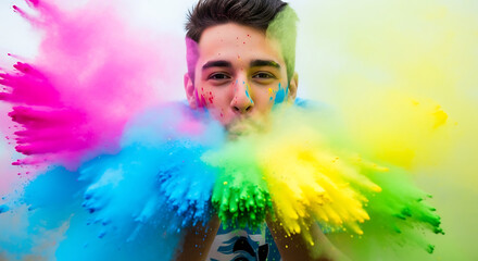 Young man blowing vibrant multicolored holi powder paint toward camera during colorful celebration