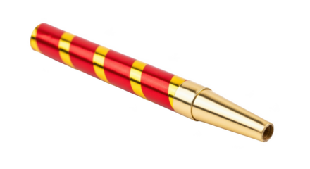 Red and gold striped metal object with tapered nozzle on png isolated transparent background black background