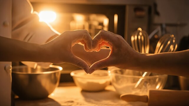 Romantic Culinary Connection: Hands Creating Heart Shape in Kitchen Setting with Baking Tools