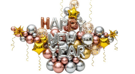 Rose gold silver and gold balloons spelling happy new year with confetti and star shapes png isolated transparent background