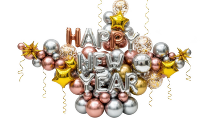 Rose gold silver and gold balloons spelling happy new year with confetti and star shapes png isolated transparent background