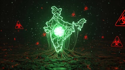 3D Green Holographic Map of India with Biohazard Symbols and Digital Effects