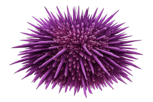 Purple sea urchin with sharp spikes under water, marine echinoderm creature on transparent background