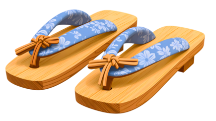 Japanese geta wooden sandals with fabric straps, traditional footwear object, isolated on a white background.