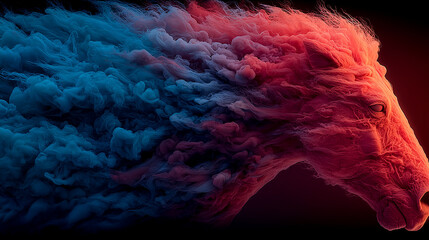 Amazing of smoke effect horse face red and blue color black background , epic animal background image.