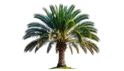 Lush green palm tree with a thick trunk and feathery fronds, isolated on black