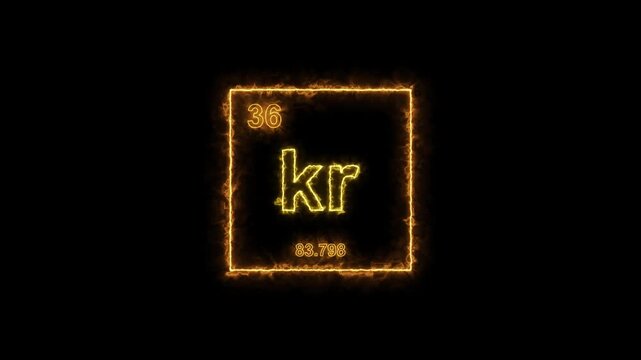 Krypton - periodic table element symbol hologram, chemical element Periodic Table, atomic weight element number ,glowing on black background in 4K.