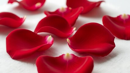 Elegant Red Rose Petals Scattered on a White Textured Fabric, Romantic and Sensual Floral Concept Valentines day