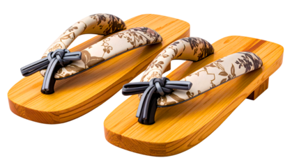 Japanese geta wooden sandals with fabric straps, traditional footwear object, isolated on a white background.