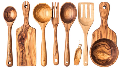Various wooden kitchen utensils displayed on a dark background, in a culinary arrangement
