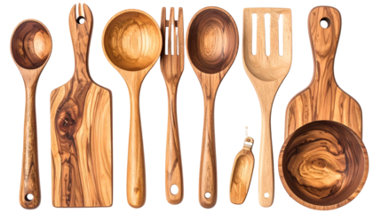 Various wooden kitchen utensils displayed on a dark background, in a culinary arrangement