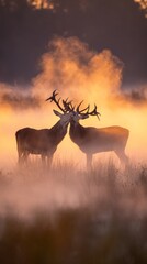 dominance. Two stags with locked antlers in misty morning light, wildlife encounter. wildlife magazines, conservation campaigns, designed for eco-tourism storytelling, used by social media managers.

